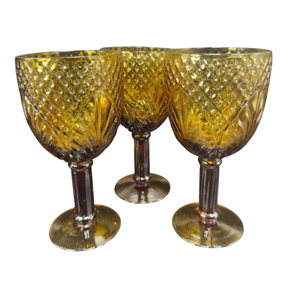 Vintage Embossed Amber Diamond Palm Leaf Glass Goblets 16oz Set 3 BarWare Cups‎